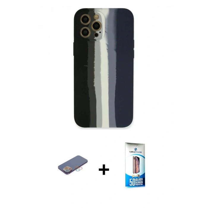 MARSİLYAN™- iPhone 12 Pro Max Kılıf Yadigar Çizgi - Siyah 5D Eko Cam Ekran Koruyucu + Renkli Kamera Lens Koruma Cam - PE