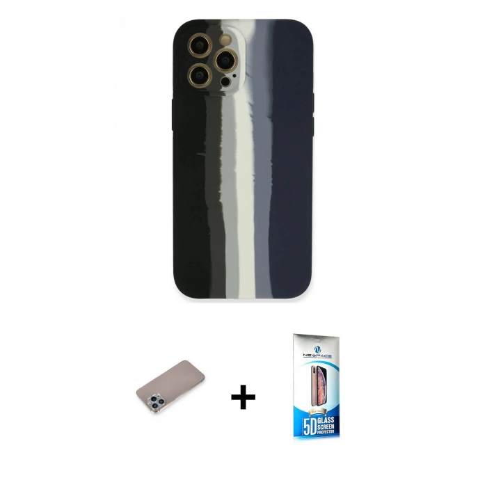 MARSİLYAN™- iPhone 12 Pro Max Kılıf Yadigar Çizgi - Siyah 5D Eko Cam Ekran Koruyucu + Sierra Blue Shine Kamera Lens Koruma Cam
