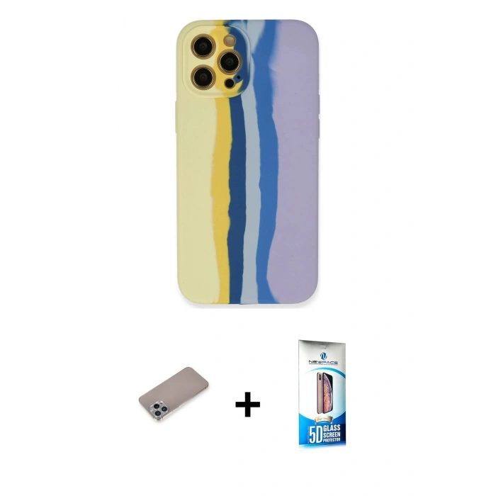 MARSİLYAN™- iPhone 12 Pro Max Kılıf Yadigar Çizgi - Siyah 5D Eko Cam Ekran Koruyucu + Sierra Blue Shine Kamera Lens Koruma Cam