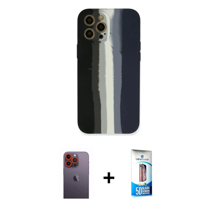 MARSİLYAN™- iPhone 12 Pro Max Kılıf Yadigar Çizgi - Siyah 5D Eko Cam Ekran Koruyucu + Neon Fosforlu Kamera Lens - TU