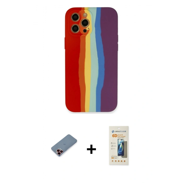 MARSİLYAN™- iPhone 12 Pro Max Kılıf Yadigar Çizgi - Siyah 6D Mat Seramik Hayalet Nano Ekran Koruyucu + Kırmızı Metal Kamera Lens Koruma Cam