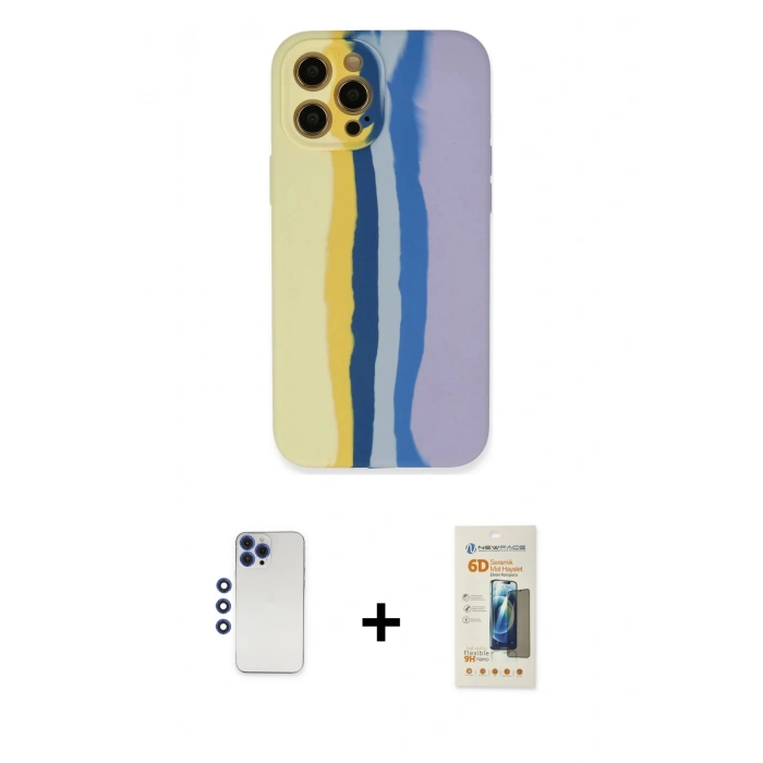 MARSİLYAN™- iPhone 12 Pro Max Kılıf Yadigar Çizgi - Siyah 6D Mat Seramik Hayalet Nano Ekran Koruyucu + Lacivert Shine Kamera Lens