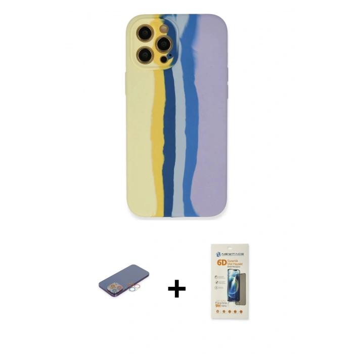 MARSİLYAN™- iPhone 12 Pro Max Kılıf Yadigar Çizgi - Siyah 6D Mat Seramik Hayalet Nano Ekran Koruyucu + Pembe Renkli Kamera Lens Koruma Cam