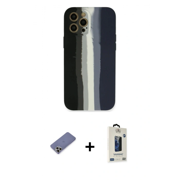 MARSİLYAN™- iPhone 12 Pro Max Kılıf Yadigar Çizgi - Siyah Bilvis Hayalet Cam Ekran Koruyucu + Metal Kamera Lens Koruma Cam - GD