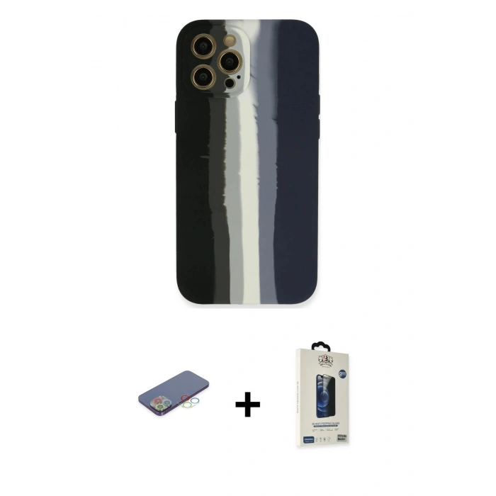 MARSİLYAN™- iPhone 12 Pro Max Kılıf Yadigar Çizgi - Siyah Bilvis Hayalet Cam Ekran Koruyucu + Renkli Kamera Lens Koruma Cam - MI
