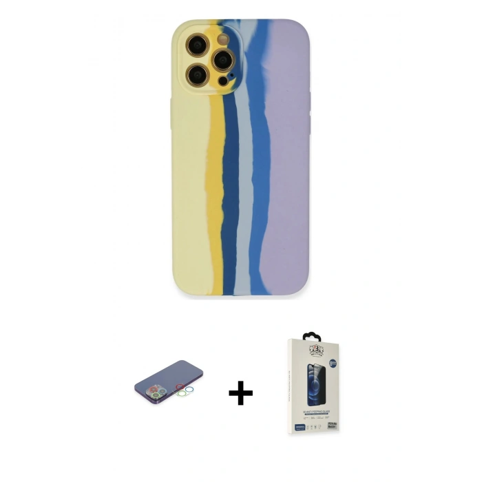 MARSİLYAN™- iPhone 12 Pro Max Kılıf Yadigar Çizgi - Siyah Bilvis Hayalet Cam Ekran Koruyucu + Renkli Kamera Lens Koruma Cam - MI