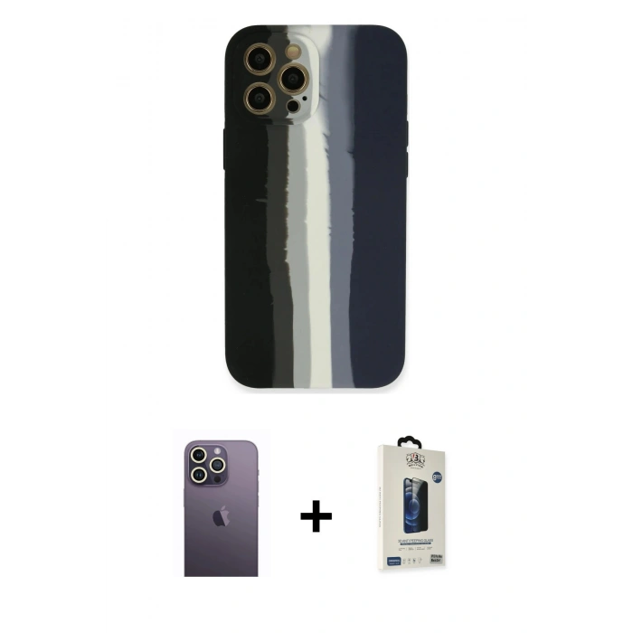 MARSİLYAN™- iPhone 12 Pro Max Kılıf Yadigar Çizgi - Siyah Bilvis Hayalet Cam Ekran Koruyucu + Neon Fosforlu Kamera Lens - BZ
