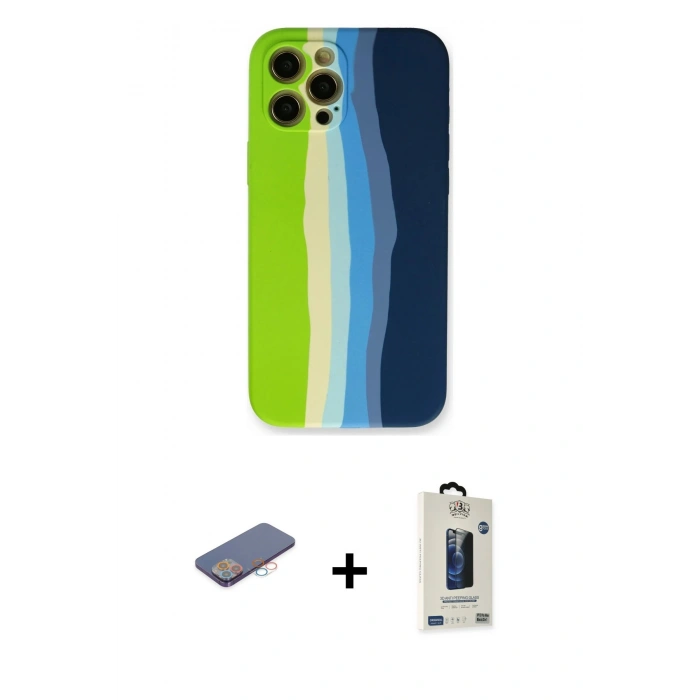 MARSİLYAN™- iPhone 12 Pro Max Kılıf Yadigar Çizgi - Siyah Bilvis Hayalet Cam Ekran Koruyucu + Renkli Kamera Lens Koruma Cam - PE