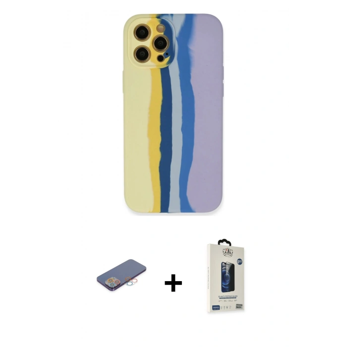 MARSİLYAN™- iPhone 12 Pro Max Kılıf Yadigar Çizgi - Siyah Bilvis Hayalet Cam Ekran Koruyucu + Renkli Kamera Lens Koruma Cam - PE