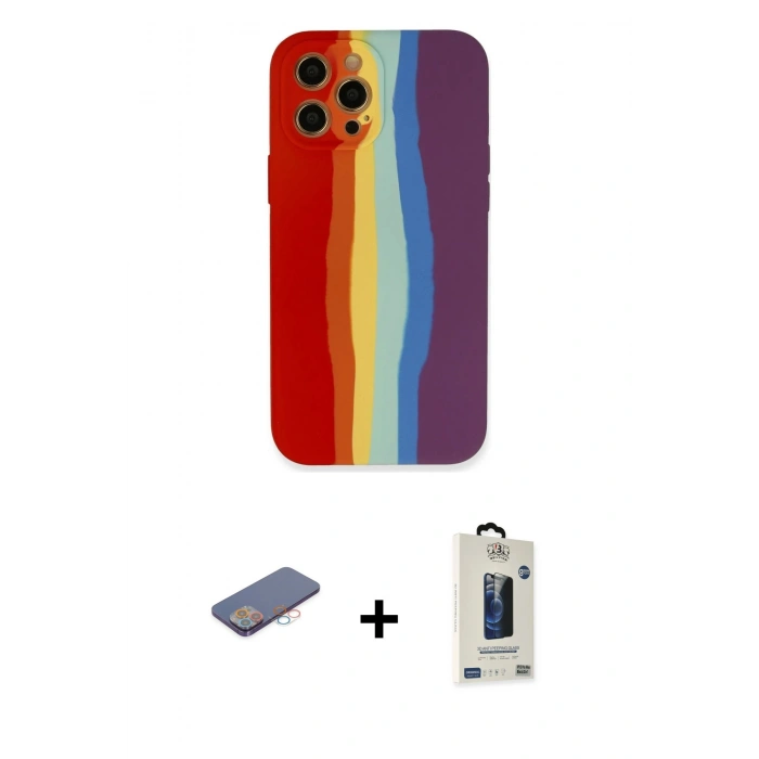 MARSİLYAN™- iPhone 12 Pro Max Kılıf Yadigar Çizgi - Siyah Bilvis Hayalet Cam Ekran Koruyucu + Renkli Kamera Lens Koruma Cam - PE