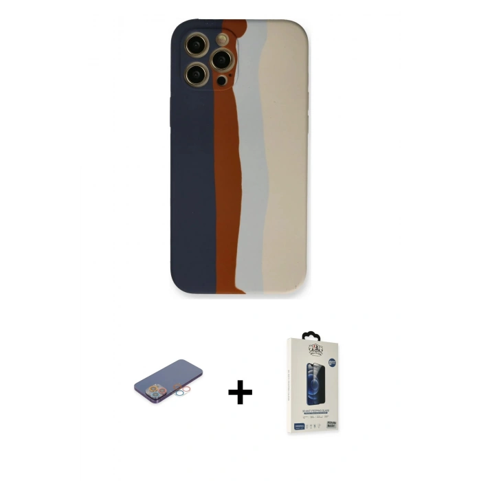 MARSİLYAN™- iPhone 12 Pro Max Kılıf Yadigar Çizgi - Siyah Bilvis Hayalet Cam Ekran Koruyucu + Renkli Kamera Lens Koruma Cam - PE