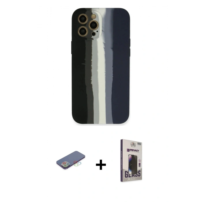 MARSİLYAN™- iPhone 12 Pro Max Kılıf Yadigar Çizgi - Siyah Bilvis Hayalet Cam Ekran Koruyucu + Renkli Kamera Lens Koruma Cam - MI