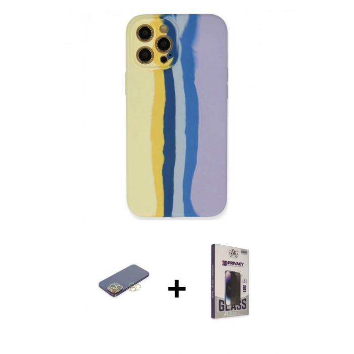 MARSİLYAN™- iPhone 12 Pro Max Kılıf Yadigar Çizgi - Siyah Bilvis Hayalet Cam Ekran Koruyucu + Renkli Kamera Lens Koruma Cam - SI
