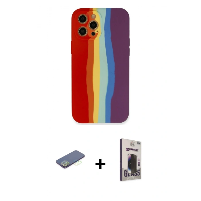 MARSİLYAN™- iPhone 12 Pro Max Kılıf Yadigar Çizgi - Siyah Bilvis Hayalet Cam Ekran Koruyucu + Renkli Kamera Lens Koruma Cam - YL