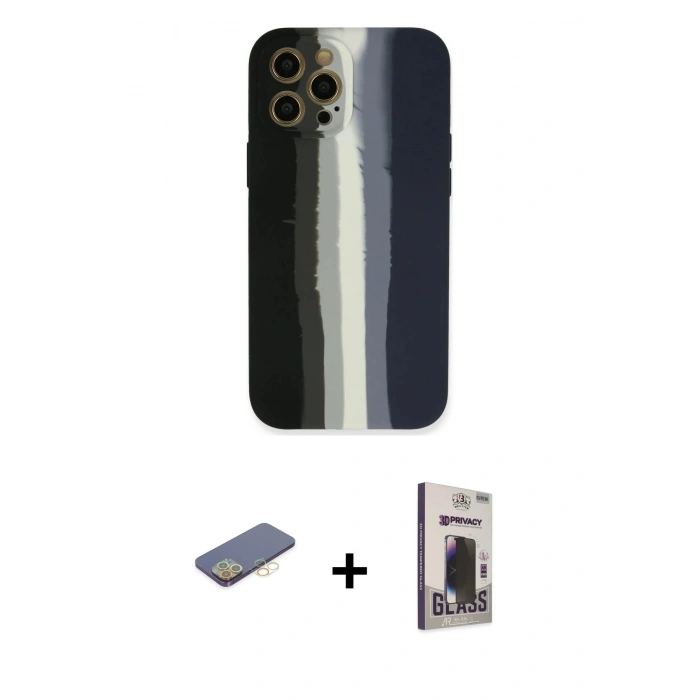 MARSİLYAN™- iPhone 12 Pro Max Kılıf Yadigar Çizgi - Siyah Bilvis Hayalet Cam Ekran Koruyucu + Renkli Kamera Lens Koruma Cam - SI