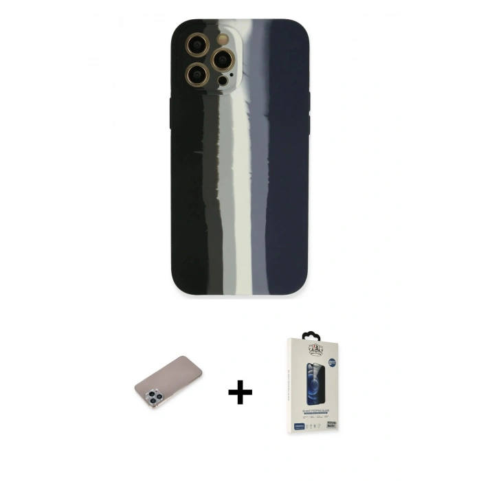 MARSİLYAN™- iPhone 12 Pro Max Kılıf Yadigar Çizgi - Siyah Bilvis Hayalet Cam Ekran Koruyucu + Shine Kamera Lens Koruma Cam - SABE