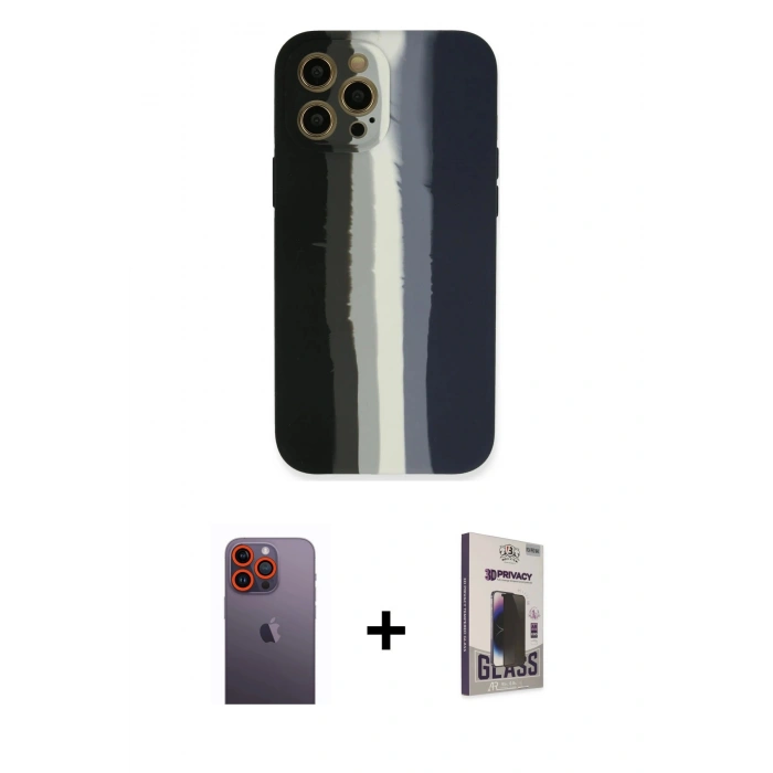 MARSİLYAN™- iPhone 12 Pro Max Kılıf Yadigar Çizgi - Siyah Bilvis Hayalet Cam Ekran Koruyucu + Neon Fosforlu Kamera Lens - TU