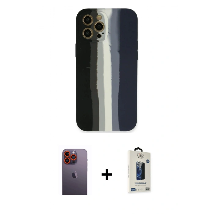 MARSİLYAN™- iPhone 12 Pro Max Kılıf Yadigar Çizgi - Siyah Bilvis Hayalet Cam Ekran Koruyucu + Neon Fosforlu Kamera Lens - TU
