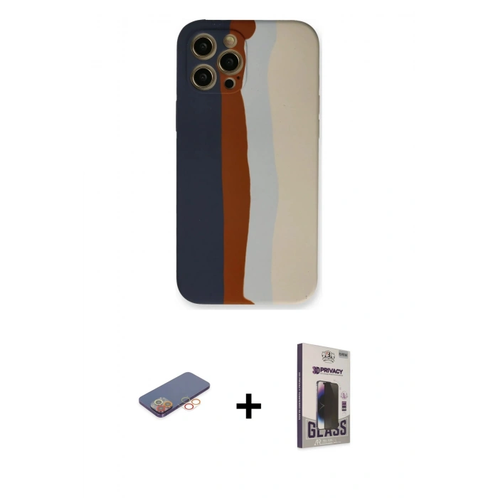 MARSİLYAN™- iPhone 12 Pro Max Kılıf Yadigar Çizgi - Siyah Bilvis Hayalet Cam Ekran Koruyucu + Renkli Kamera Lens Koruma Cam - TU