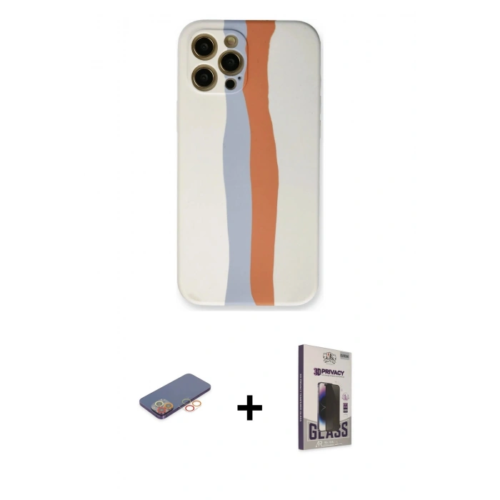 MARSİLYAN™- iPhone 12 Pro Max Kılıf Yadigar Çizgi - Siyah Bilvis Hayalet Cam Ekran Koruyucu + Renkli Kamera Lens Koruma Cam - TU
