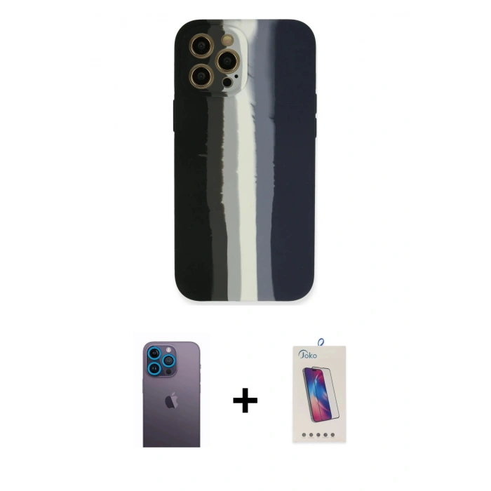 MARSİLYAN™- iPhone 12 Pro Max Kılıf Yadigar Çizgi - Siyah Joko 5D Cam + Neon Fosforlu Kamera Lens - MI