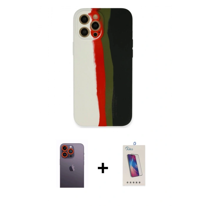 MARSİLYAN™- iPhone 12 Pro Max Kılıf Yadigar Çizgi - Siyah Joko 5D Cam + Neon Fosforlu Kamera Lens - TU