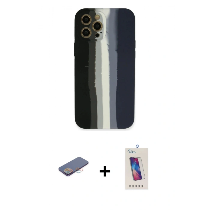 MARSİLYAN™- iPhone 12 Pro Max Kılıf Yadigar Çizgi - Siyah Joko 5D Cam + Pembe Renkli Kamera Lens Koruma Cam