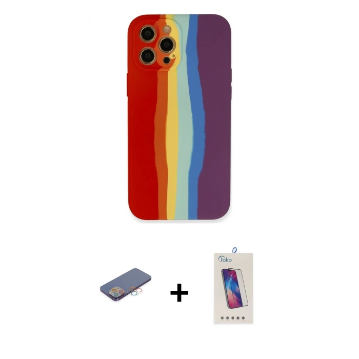 MARSİLYAN™- iPhone 12 Pro Max Kılıf Yadigar Çizgi - Siyah Joko 5D Cam + Pembe Renkli Kamera Lens Koruma Cam