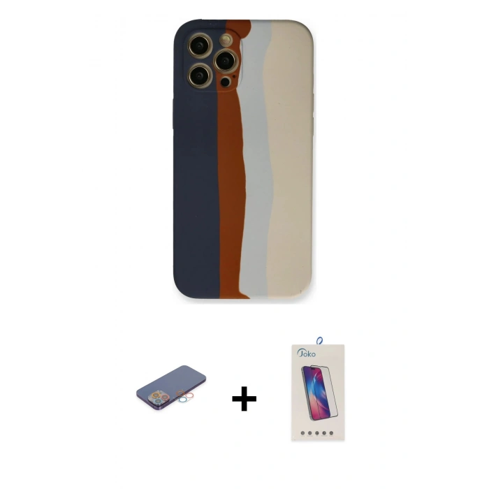 MARSİLYAN™- iPhone 12 Pro Max Kılıf Yadigar Çizgi - Siyah Joko 5D Cam + Pembe Renkli Kamera Lens Koruma Cam