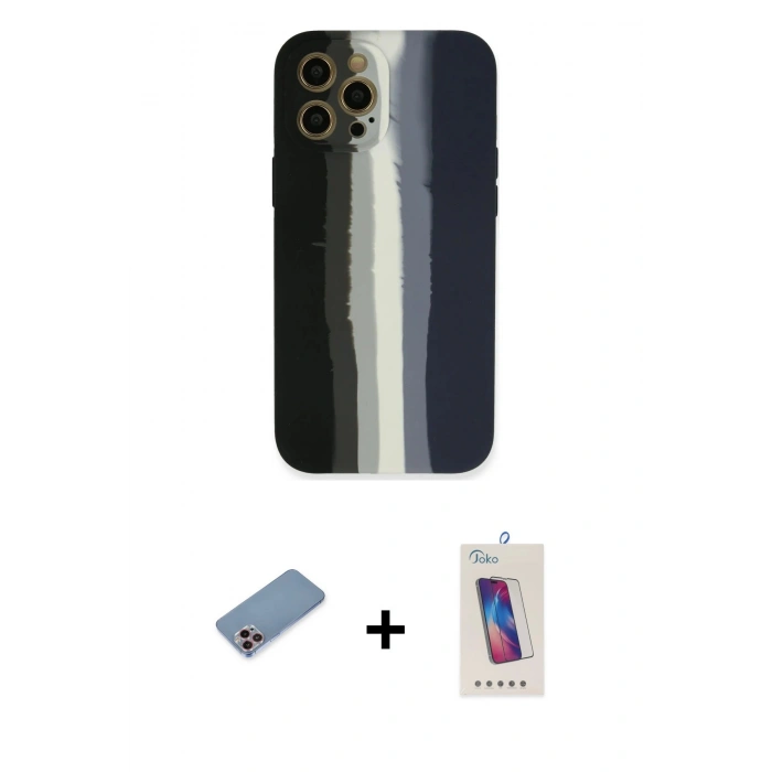 MARSİLYAN™- iPhone 12 Pro Max Kılıf Yadigar Çizgi - Siyah Joko 5D Cam + Shine Kamera Lens Koruma Cam - PE