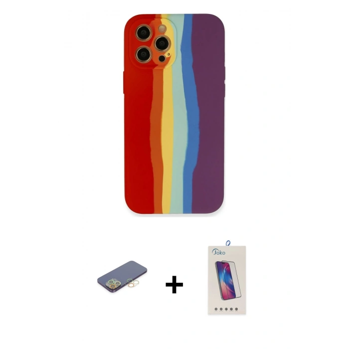 MARSİLYAN™- iPhone 12 Pro Max Kılıf Yadigar Çizgi - Siyah Joko 5D Cam + Renkli Kamera Lens Koruma Cam - SI