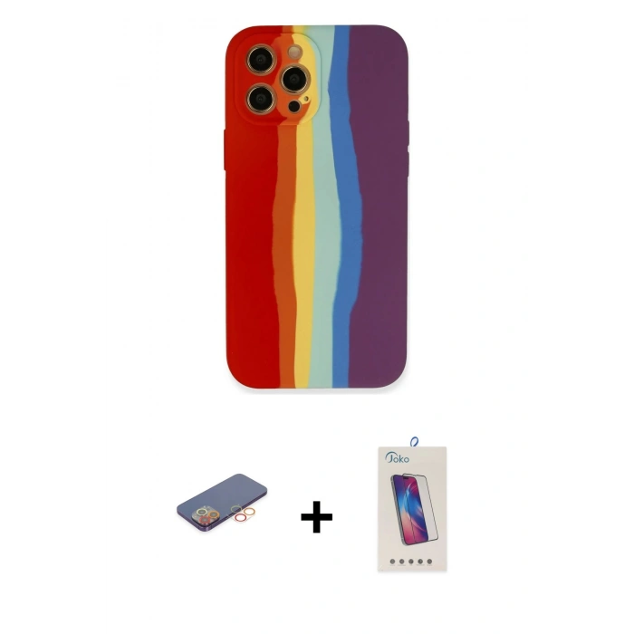 MARSİLYAN™- iPhone 12 Pro Max Kılıf Yadigar Çizgi - Siyah Joko 5D Cam + Renkli Kamera Lens Koruma Cam - TU