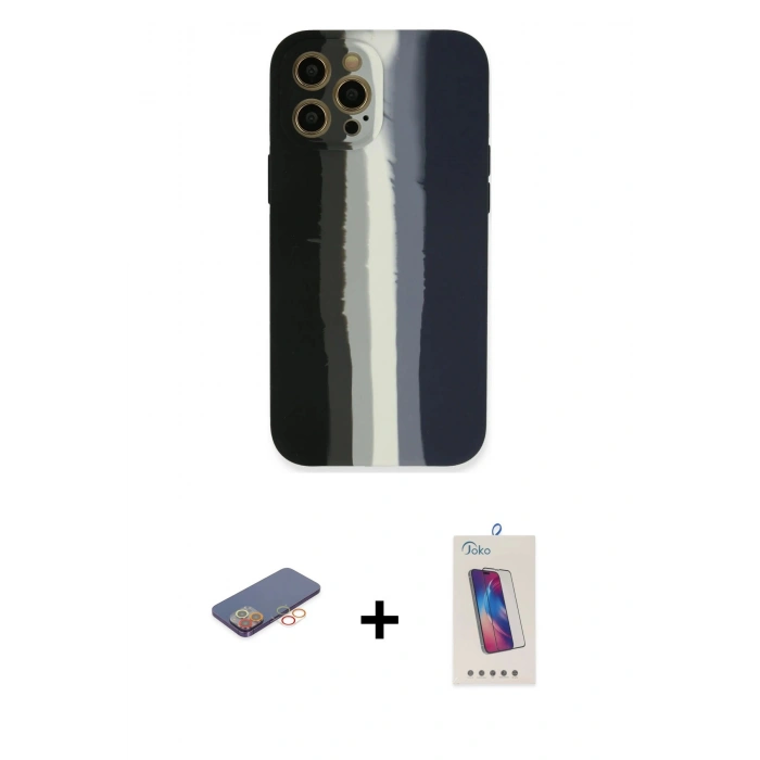 MARSİLYAN™- iPhone 12 Pro Max Kılıf Yadigar Çizgi - Siyah Joko 5D Cam + Renkli Kamera Lens Koruma Cam - TU