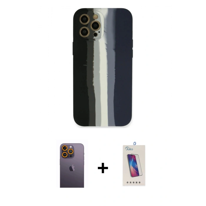 MARSİLYAN™- iPhone 12 Pro Max Kılıf Yadigar Çizgi - Siyah Joko 5D Cam + Neon Fosforlu Kamera Lens - SI