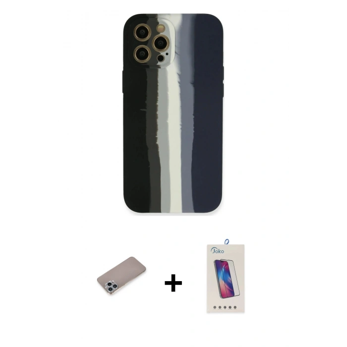 MARSİLYAN™- iPhone 12 Pro Max Kılıf Yadigar Çizgi - Siyah Joko 5D Cam + Shine Kamera Lens Koruma Cam - SABE