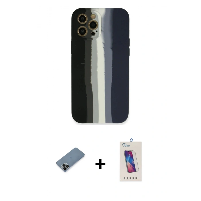 MARSİLYAN™- iPhone 12 Pro Max Kılıf Yadigar Çizgi - Siyah Joko 5D Cam + Shine Kamera Lens Koruma Cam - SH