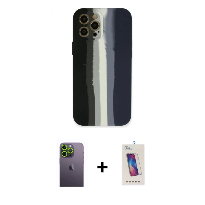 MARSİLYAN™- iPhone 12 Pro Max Kılıf Yadigar Çizgi - Siyah Joko 5D Cam + Neon Fosforlu Kamera Lens - YL