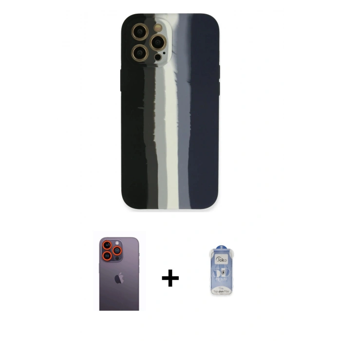 MARSİLYAN™- iPhone 12 Pro Max Kılıf Yadigar Çizgi - Siyah Joko Magic 5D Cam + Neon Fosforlu Kamera Lens - TU