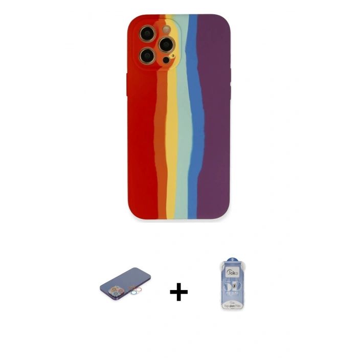 MARSİLYAN™- iPhone 12 Pro Max Kılıf Yadigar Çizgi - Siyah Joko Magic 5D Cam + Renkli Kamera Lens Koruma Cam - PE