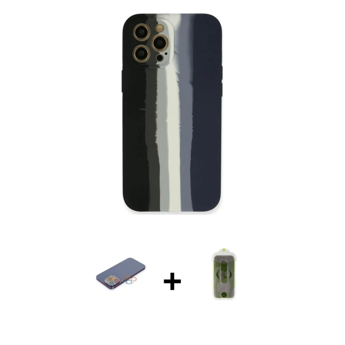 MARSİLYAN™- iPhone 12 Pro Max Kılıf Yadigar Çizgi - Siyah Joko Magic 5D Hayalet Cam + Pembe Renkli Kamera Lens Koruma Cam