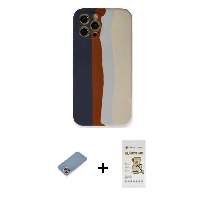MARSİLYAN™- iPhone 12 Pro Max Kılıf Yadigar Çizgi - Siyah Mat Seramik Nano Ekran Koruyucu + Gökkuşağı Shine Kamera Lens Koruma Cam