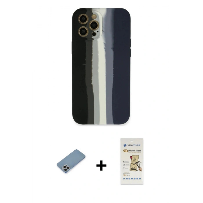 MARSİLYAN™- iPhone 12 Pro Max Kılıf Yadigar Çizgi - Siyah Mat Seramik Nano Ekran Koruyucu + Gökkuşağı Shine Kamera Lens Koruma Cam
