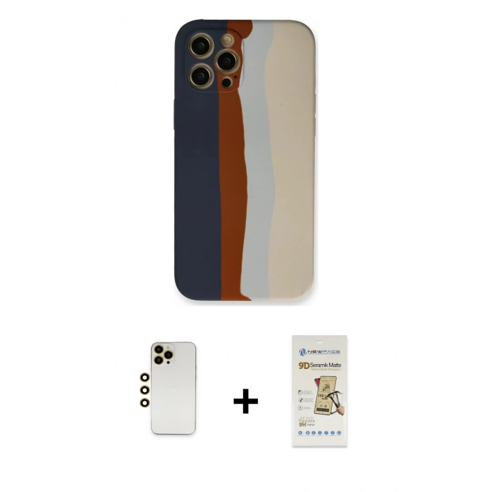 MARSİLYAN™- iPhone 12 Pro Max Kılıf Yadigar Çizgi - Siyah Mat Seramik Nano Ekran Koruyucu + Gold Shine Kamera Lens