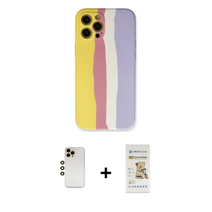 MARSİLYAN™- iPhone 12 Pro Max Kılıf Yadigar Çizgi - Siyah Mat Seramik Nano Ekran Koruyucu + Gold Shine Kamera Lens