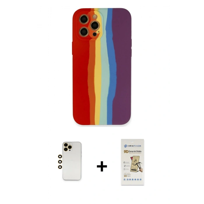 MARSİLYAN™- iPhone 12 Pro Max Kılıf Yadigar Çizgi - Siyah Mat Seramik Nano Ekran Koruyucu + Gold Shine Kamera Lens
