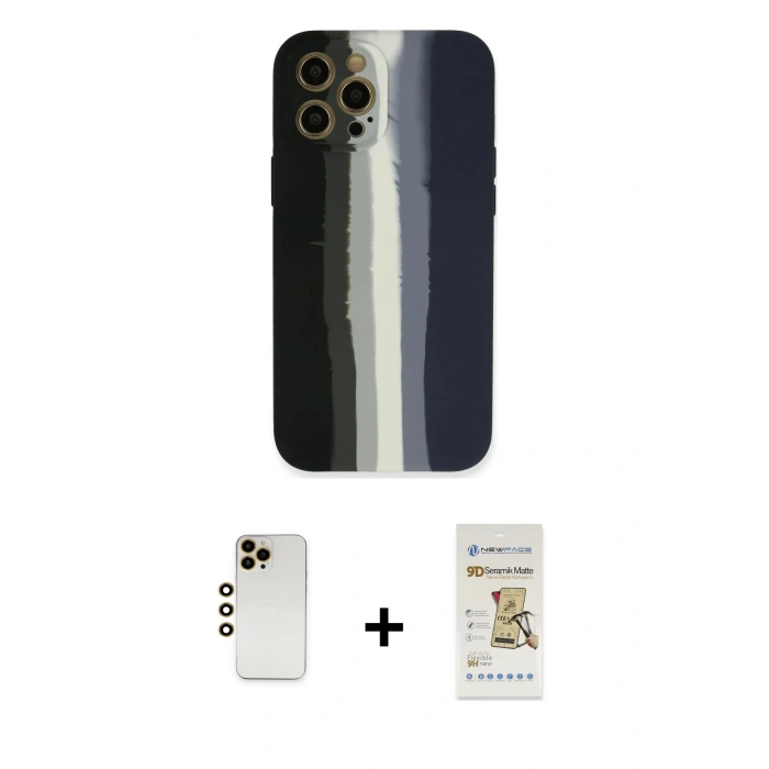 MARSİLYAN™- iPhone 12 Pro Max Kılıf Yadigar Çizgi - Siyah Mat Seramik Nano Ekran Koruyucu + Gold Shine Kamera Lens