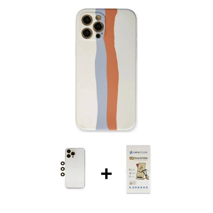 MARSİLYAN™- iPhone 12 Pro Max Kılıf Yadigar Çizgi - Siyah Mat Seramik Nano Ekran Koruyucu + Gold Shine Kamera Lens