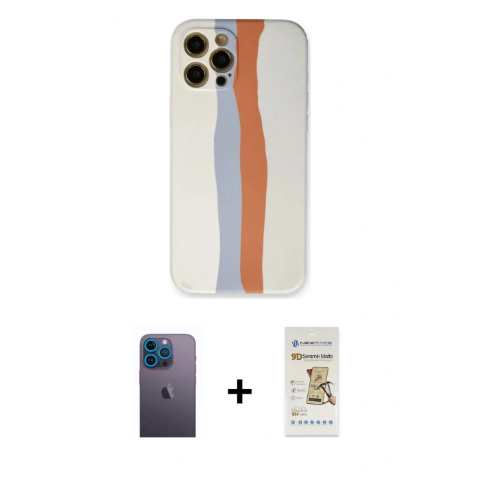 MARSİLYAN™- iPhone 12 Pro Max Kılıf Yadigar Çizgi - Siyah Mat Seramik Nano Ekran Koruyucu + Mavi Neon Fosforlu Kamera Lens