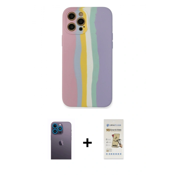 MARSİLYAN™- iPhone 12 Pro Max Kılıf Yadigar Çizgi - Siyah Mat Seramik Nano Ekran Koruyucu + Mavi Neon Fosforlu Kamera Lens
