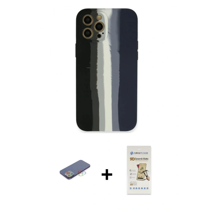 MARSİLYAN™- iPhone 12 Pro Max Kılıf Yadigar Çizgi - Siyah Mat Seramik Nano Ekran Koruyucu + Renkli Kamera Lens Koruma Cam - MI